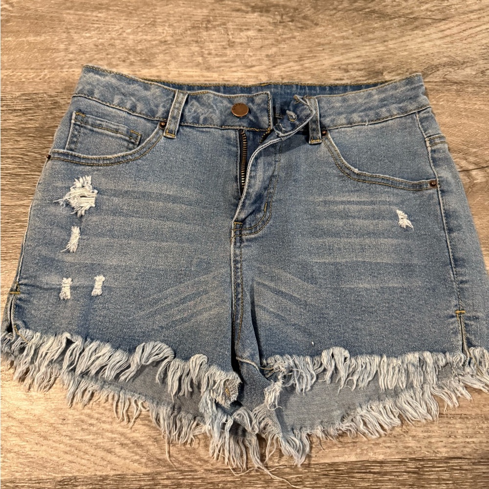 Blue Distressed Jean Shorts with Frayed Hem